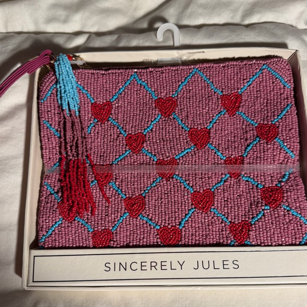 Sincerely Jules Pink beaded wristlet with red hearts and blue grid. NWT.